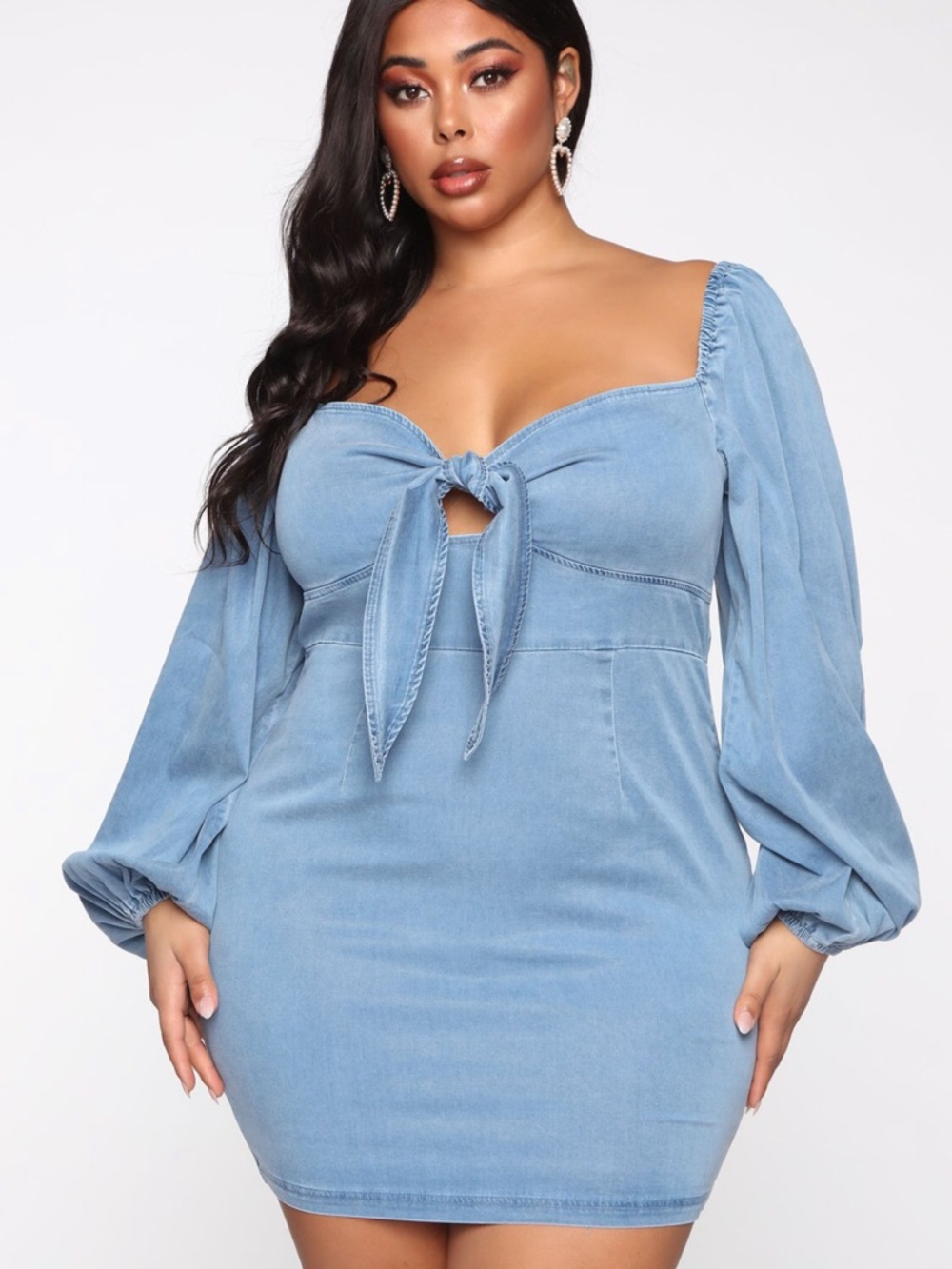 🆕 Fashion Nova Light Blue Denim Mini Dress with Front Tie & Balloon Sleeves